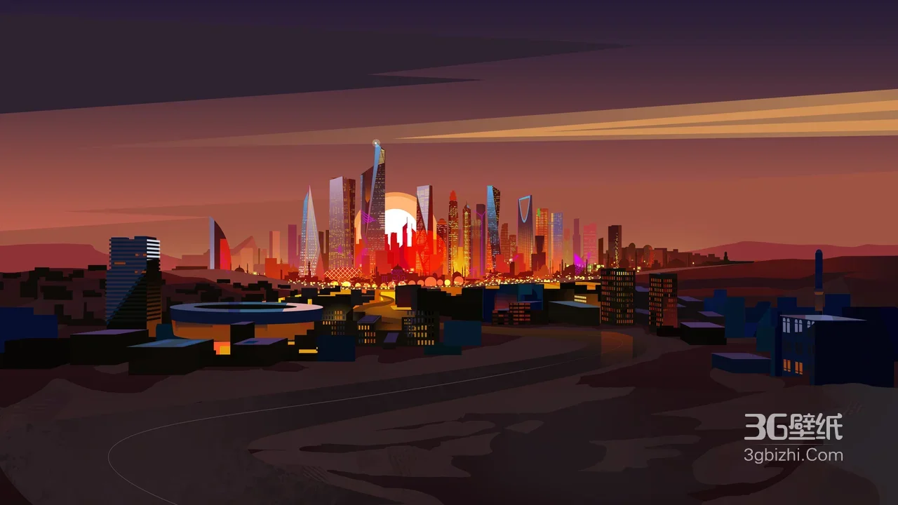 未来都市建筑群·赛博朋克风扁平化插画·超宽屏城市壁纸1