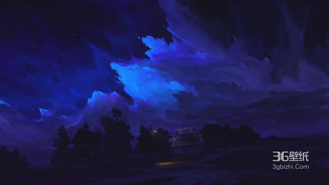 乡村夜境·暗黑唯美插画 蓝紫梦幻夜空电脑壁纸精选1