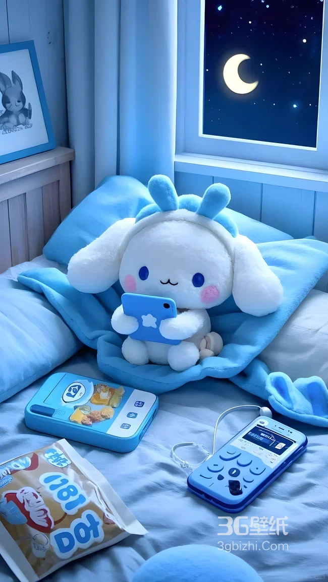 玉桂狗·抱蓝手机卧床 治愈蓝月夜卧室 可爱风手机壁纸1