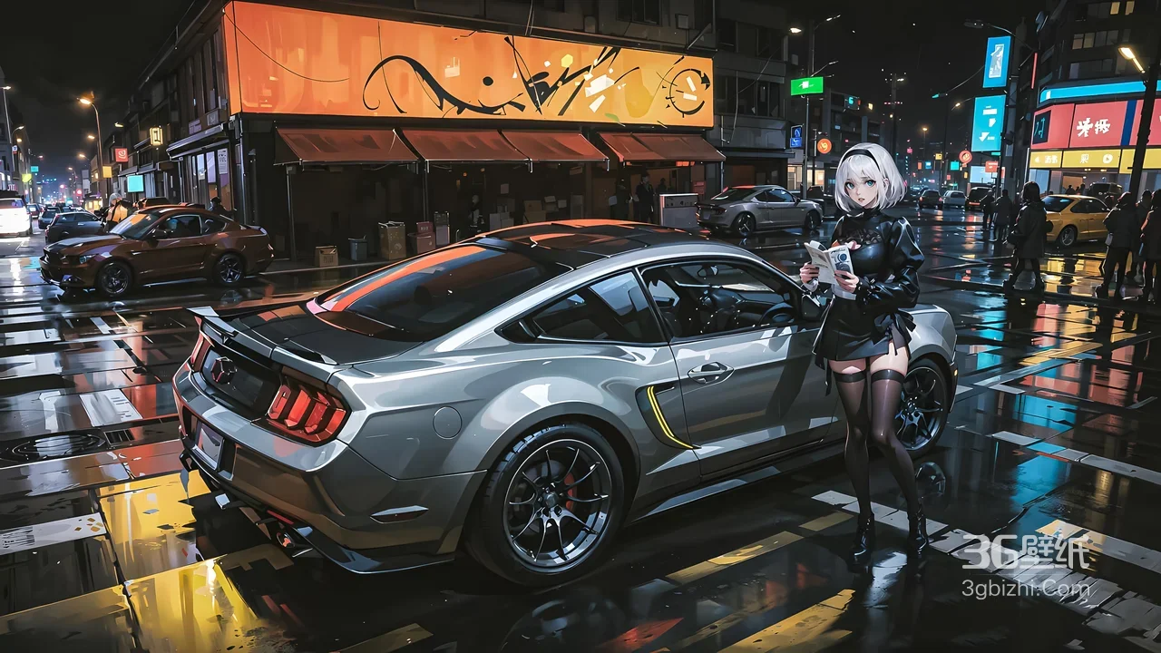 二次元白发黑衣丝袜少女 赛博朋克雨夜都市野马跑车 电脑壁纸1