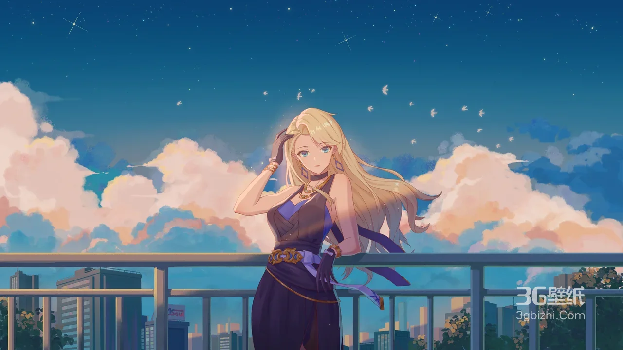 金发御姐·都市天台星空云海 唯美二次元宽屏电脑壁纸1