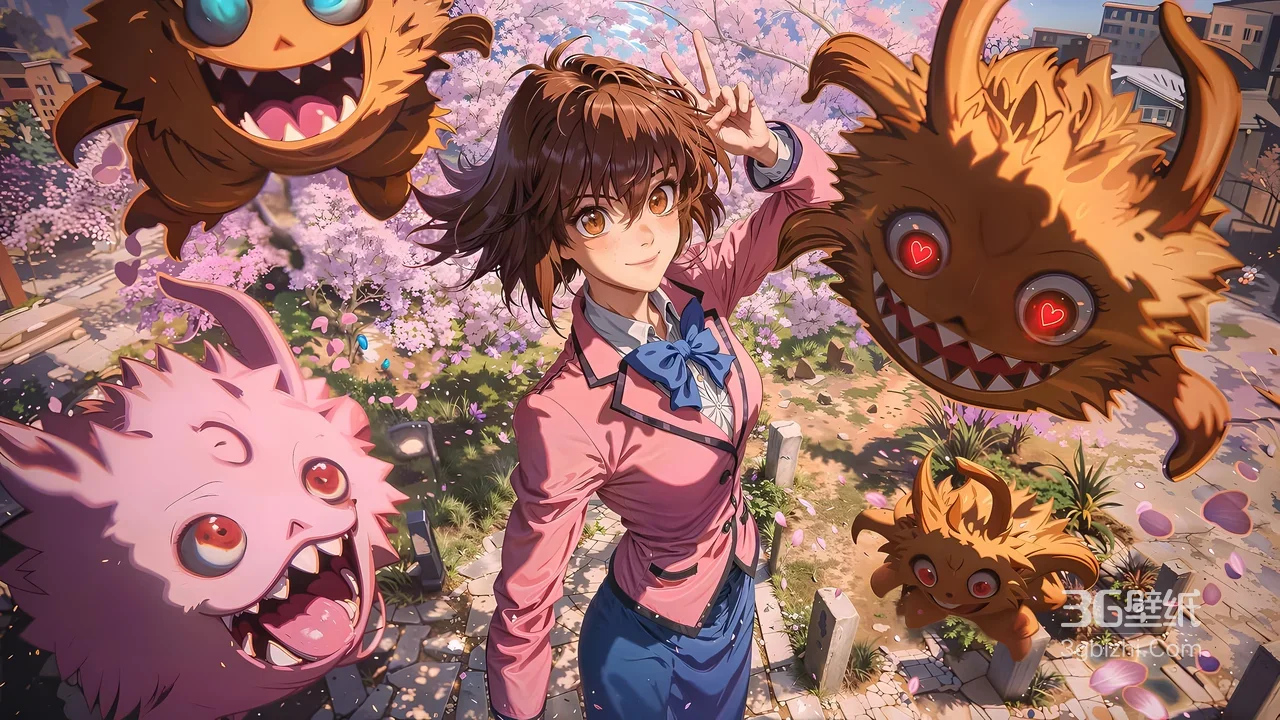 二次元动漫少女·萌系怪物环绕 樱花庭院宽屏电脑壁纸1