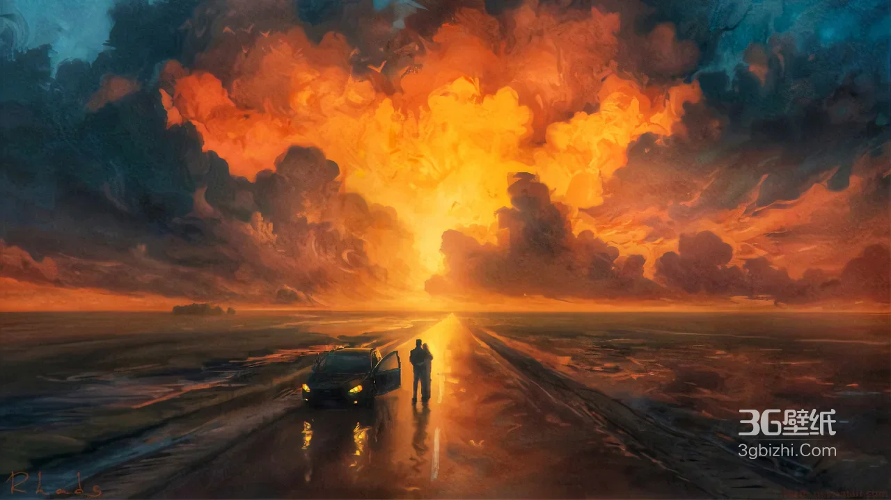 公路·车·人物·油画风唯美黄昏宽屏 插画电脑壁纸1