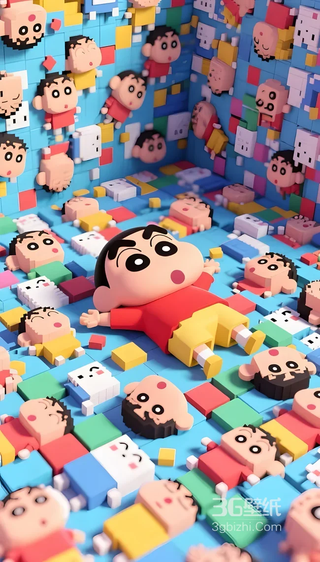 野原新之助·呆萌躺姿 3D像素风 蜡笔小新动漫卡通壁纸1