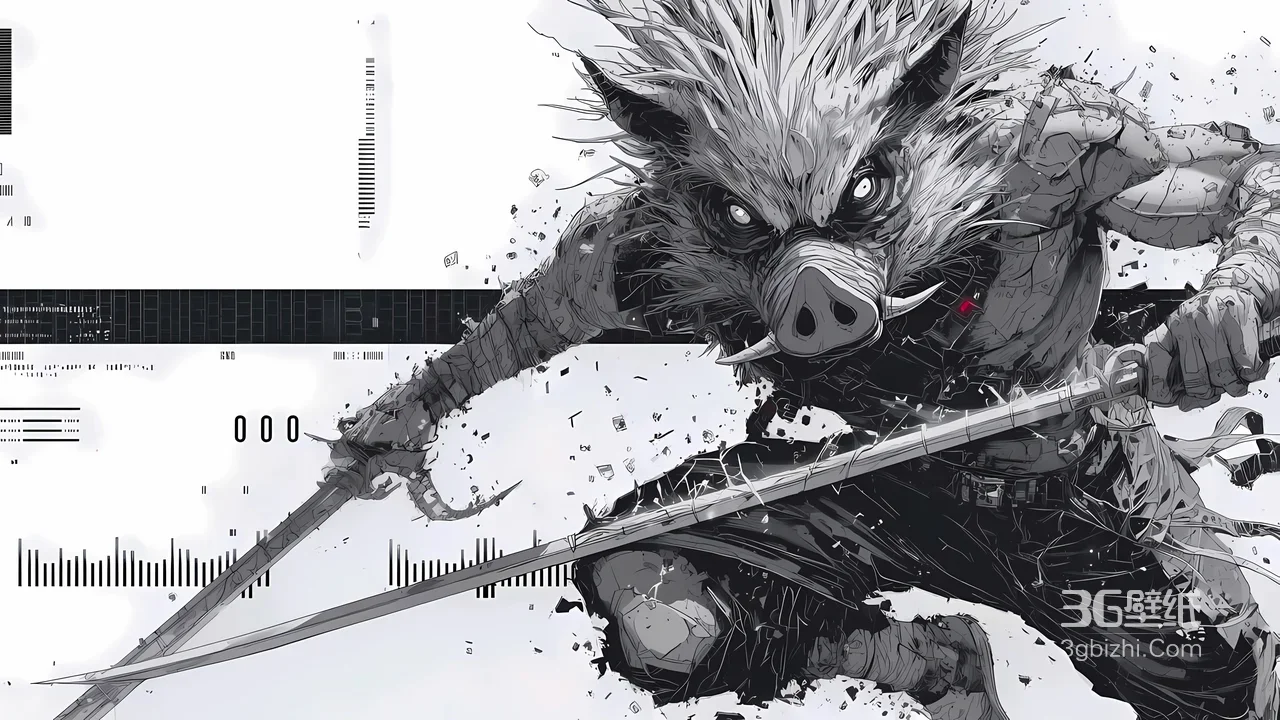 野猪战士鬼灭之刃人物伊之助·双剑作战 黑白赛博朋克风 高分辨率宽屏壁纸1