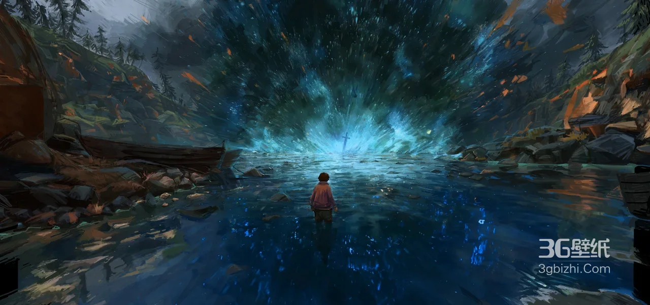 水中少年凝望蓝色能量爆发 奇幻写实风游戏宽屏壁纸1