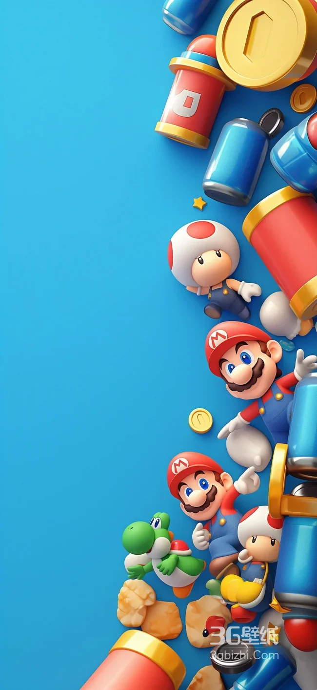 马里奥·耀西·蘑菇人 卡通3D风 超级马里奥游戏手机壁纸1