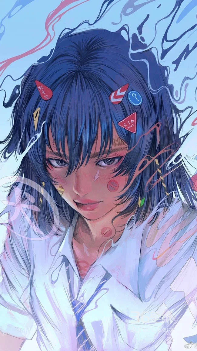 蓝发少女·符号涂鸦装饰 日系写实插画 超火竖屏壁纸1