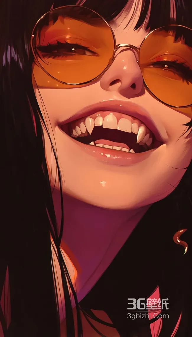 二次元暗黑风吸血鬼美少女（橙镜尖牙）原创插画手机壁纸1