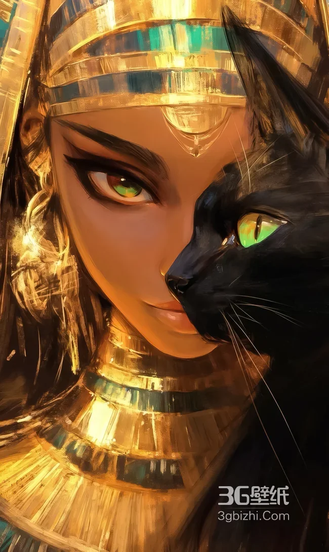 古埃及风女性·黑金写实风 黑猫相伴 精美手机壁纸1