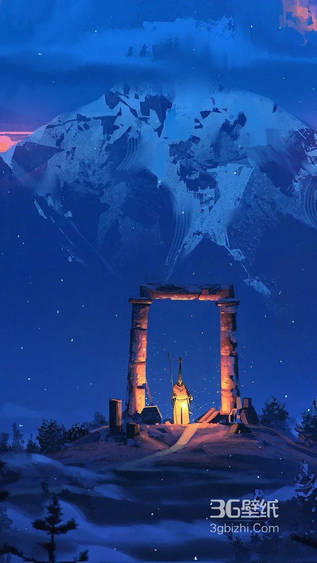 神秘持灯行者·雪山石门夜景 唯美奇幻手机壁纸1
