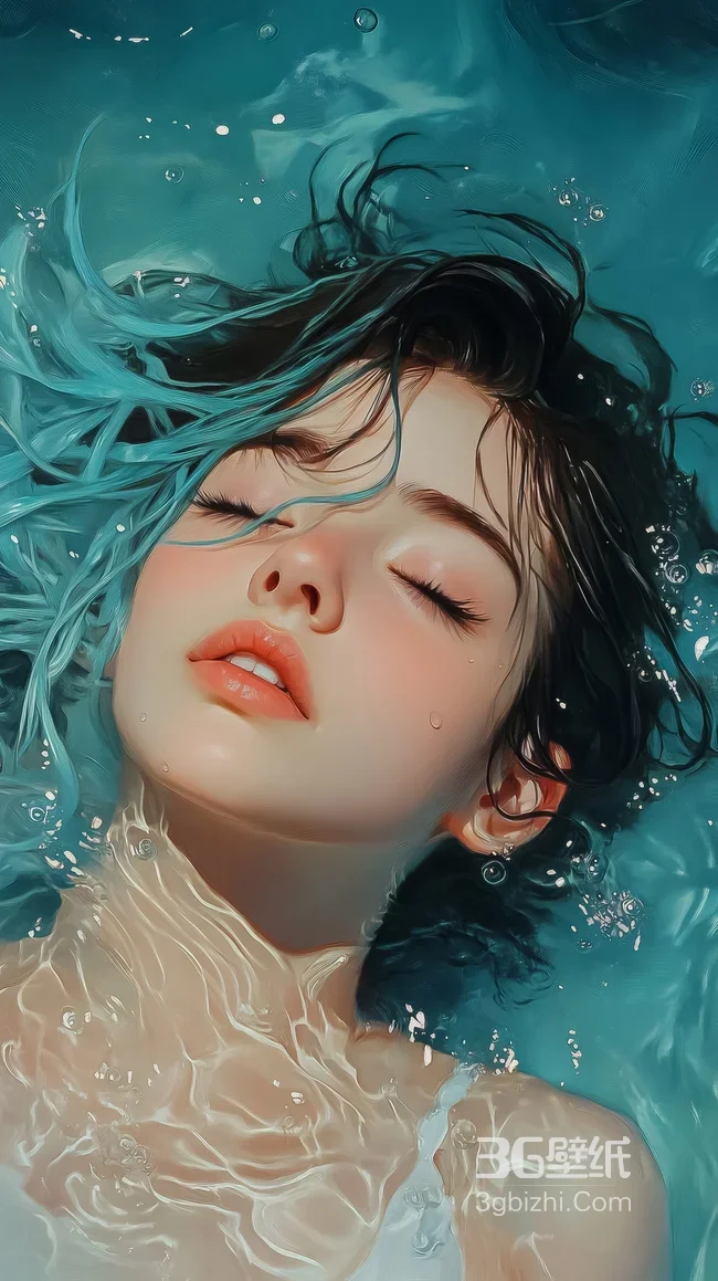 水下少女·蓝黑发丝水波氤氲 唯美写实风水下意境感手机壁纸1