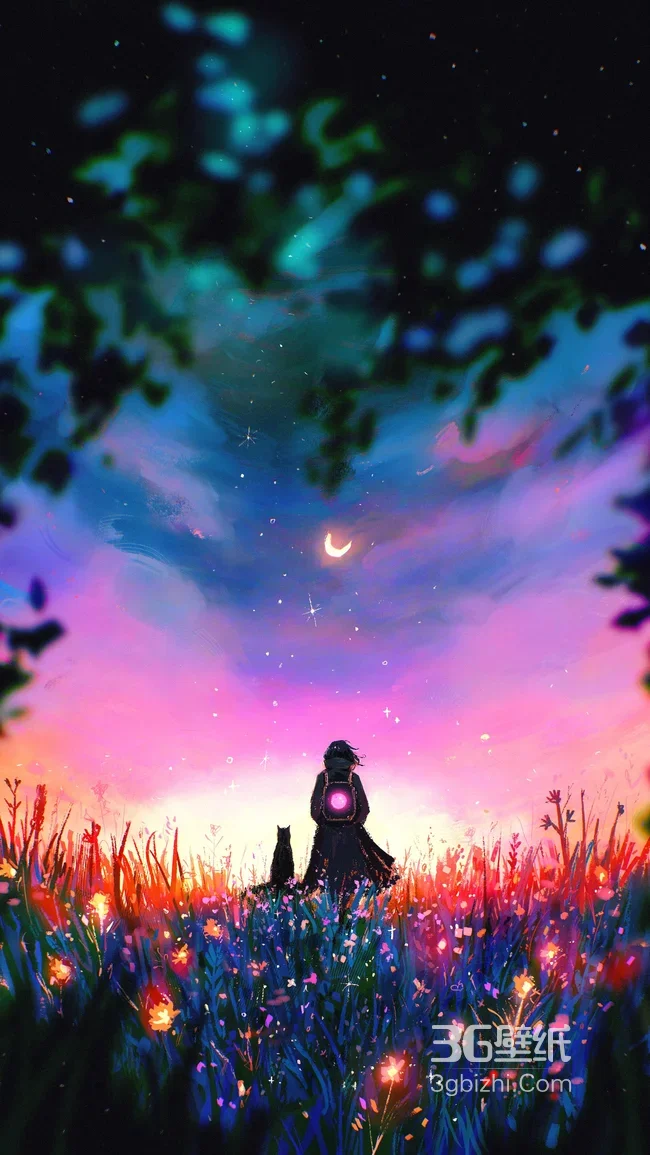 花海月夜背影人物与黑猫·唯美梦幻二次元超火氛围感手机壁纸1