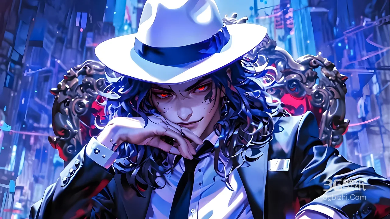 赛博朋克风动漫帅哥·红瞳卷发西装绅士 电脑壁纸精选1