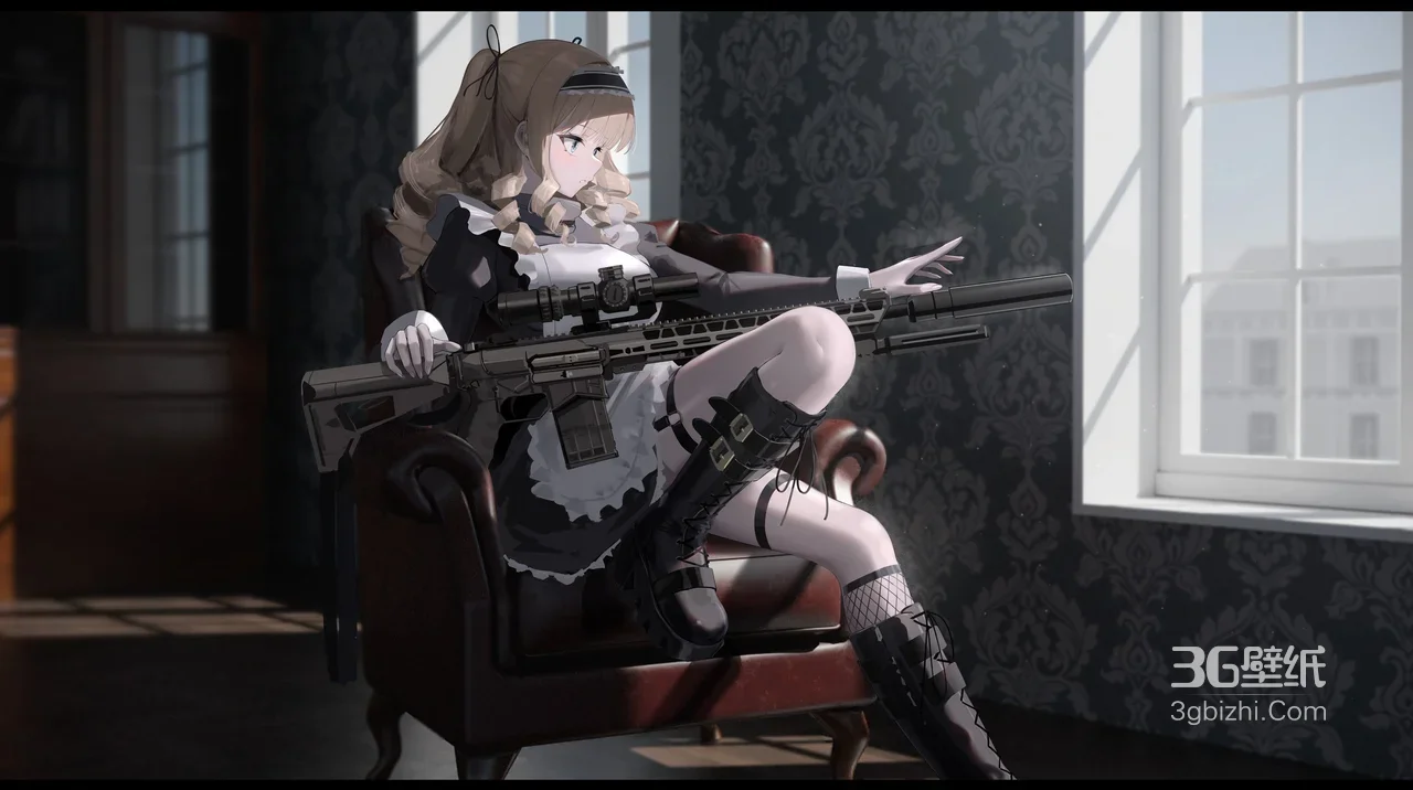 二次元女仆持枪少女·暗黑复古风 高清电脑桌面背景1