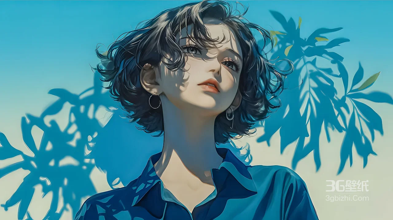短发卷发少女·蓝衬衫 唯美插画风电脑桌面背景1