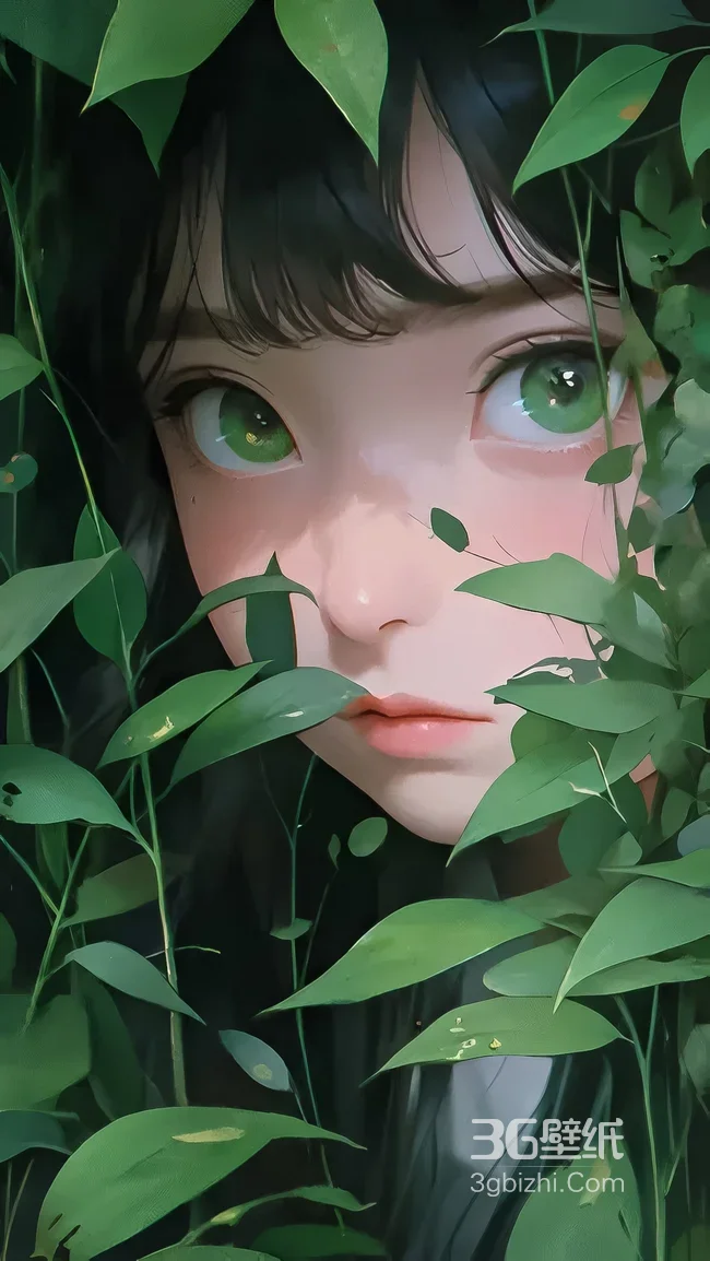 绿眸少女·绿叶环绕 唯美二次元插画手机壁纸（森系少女壁纸）1