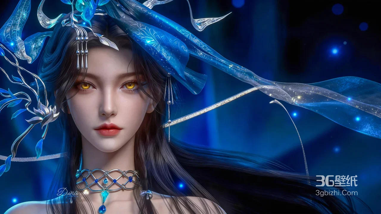 国风玄幻美女·蓝纱银饰黄瞳·唯美CG电脑壁纸1