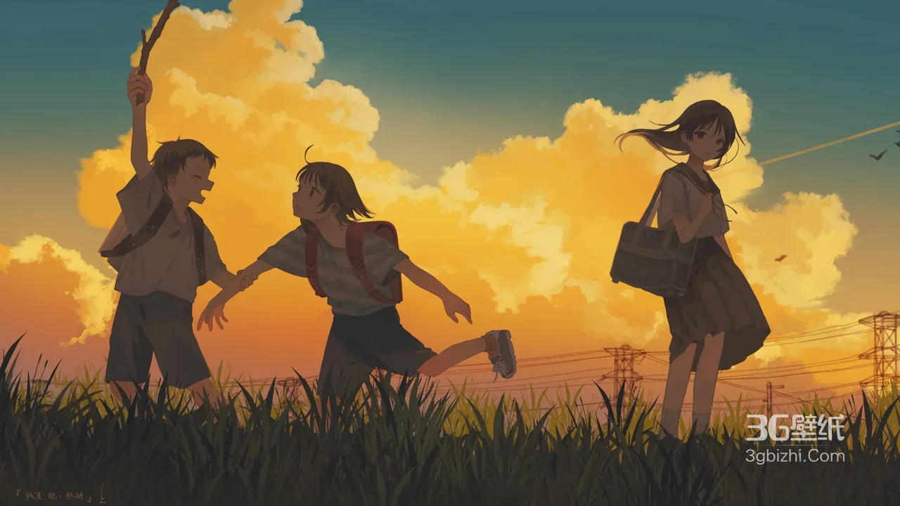 黄昏草地嬉戏少年少女·日系治愈风插画 高热度电脑壁纸1