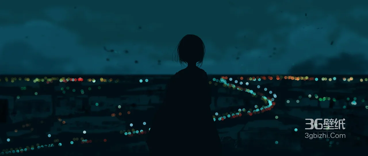 剪影少女·城市夜景暗黑风 原创插画宽屏电脑壁纸1