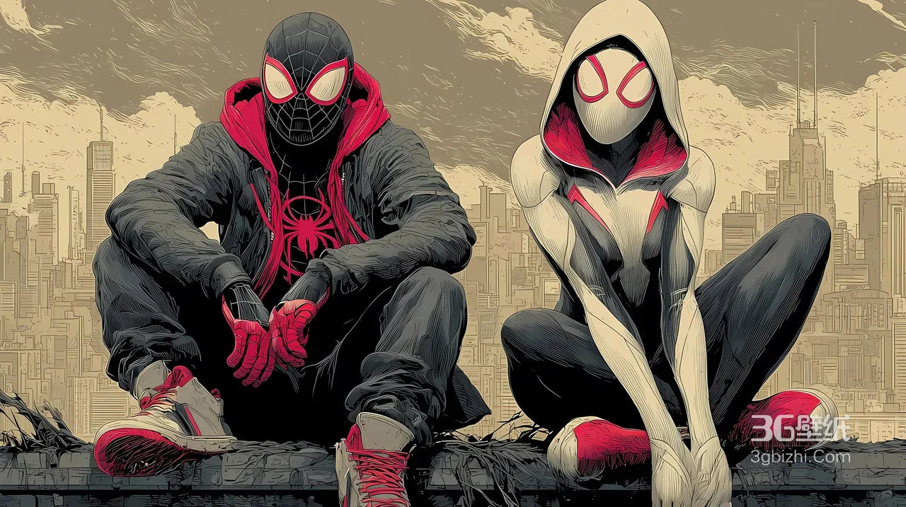 迈尔斯·莫拉莱斯&蜘蛛格温·复古漫画风·蜘蛛侠平行宇宙 高质感动漫电脑壁纸1
