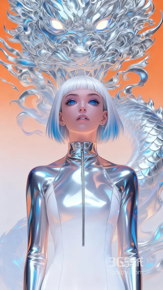 银龙护持·银发蓝梢少女 赛博国风科技感壁纸1
