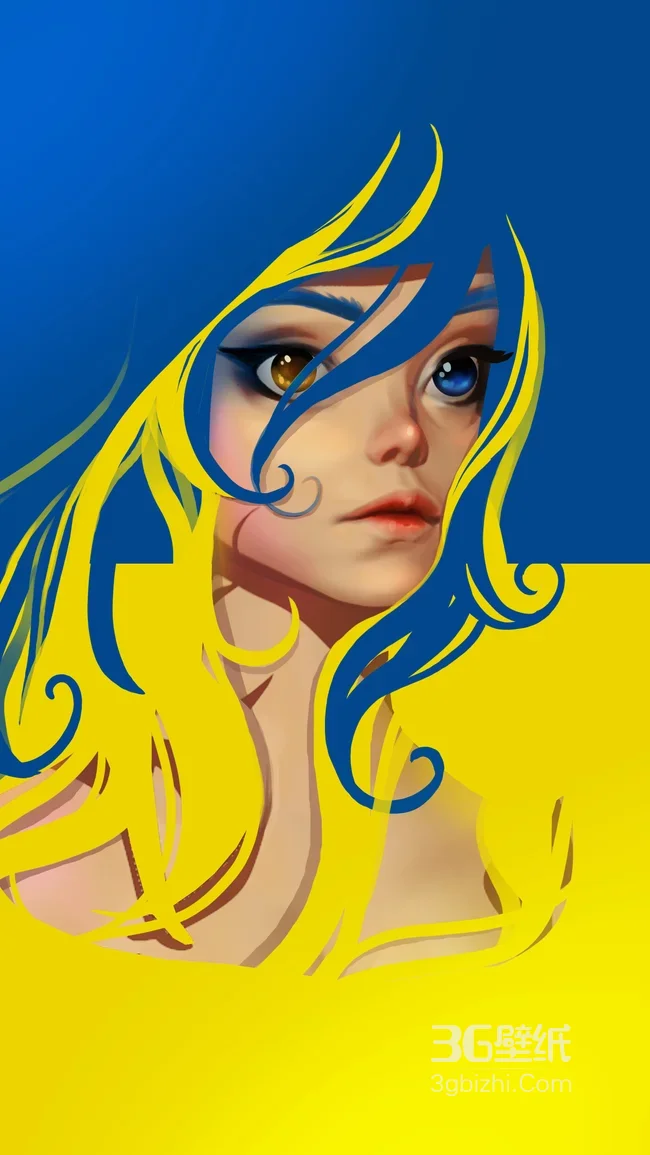 蓝黄发丝少女·艺术风 高热度竖屏壁纸1