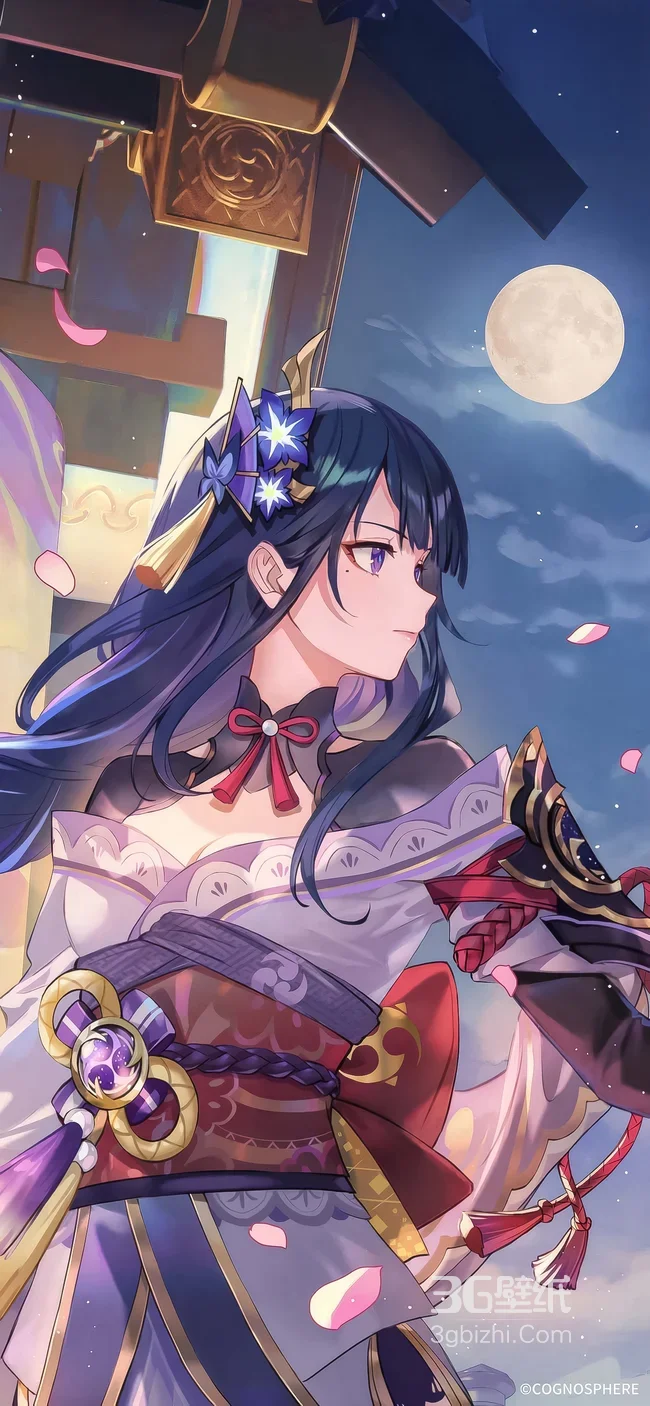 雷电将军·和风华服 原神唯美月夜花瓣壁纸1