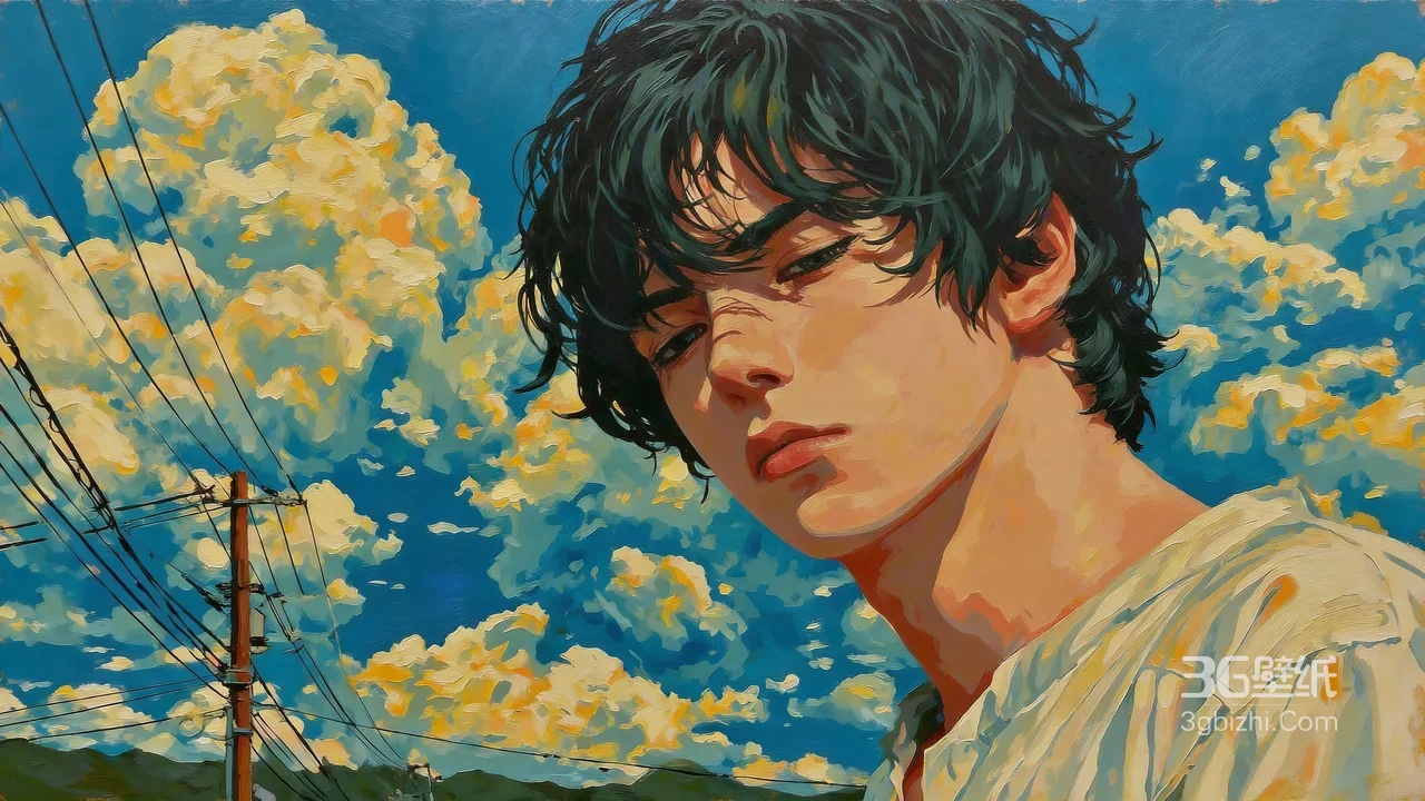 卷发帅哥·油画质感 日系晴空电线场景 电脑壁纸优选1