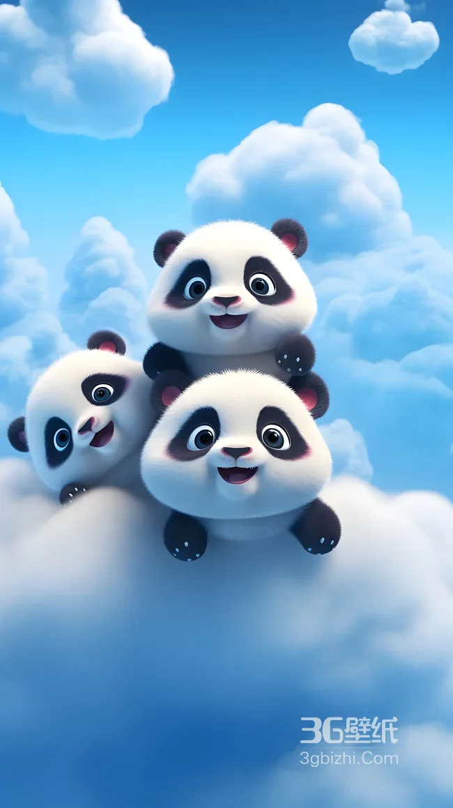 三只萌趣卡通熊猫·国漫风云端嬉戏 治愈系手机壁纸1