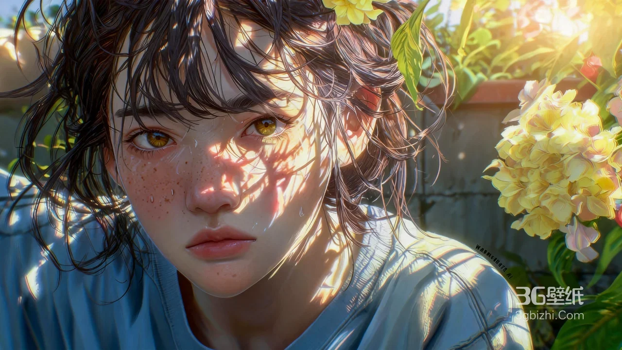 写实少女·光影斑驳花草环绕 唯美写实电脑壁纸1