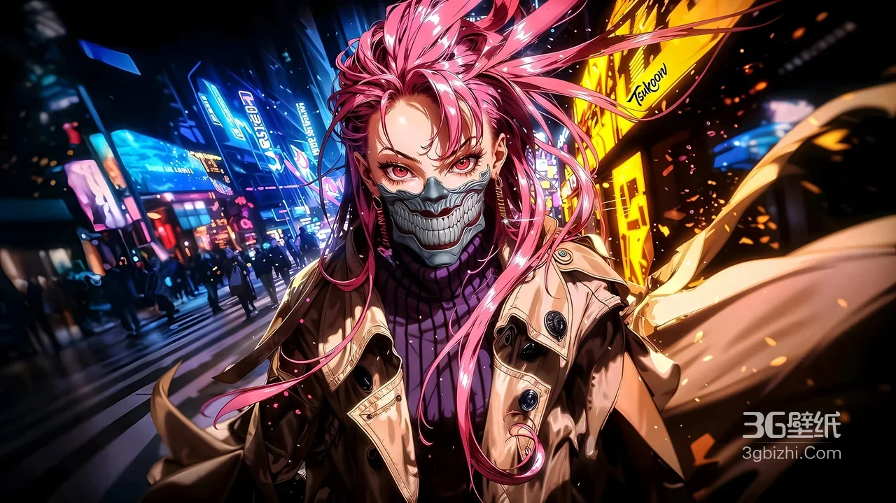 粉发面具少女·赛博朋克风 霓虹都市高燃电脑壁纸1