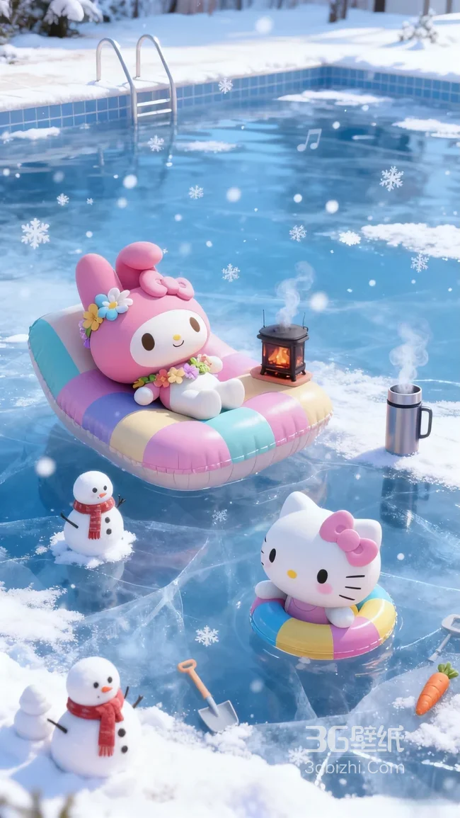 Hello Kitty&My Melody·冬日泳池雪人 治愈风三丽鸥壁纸1