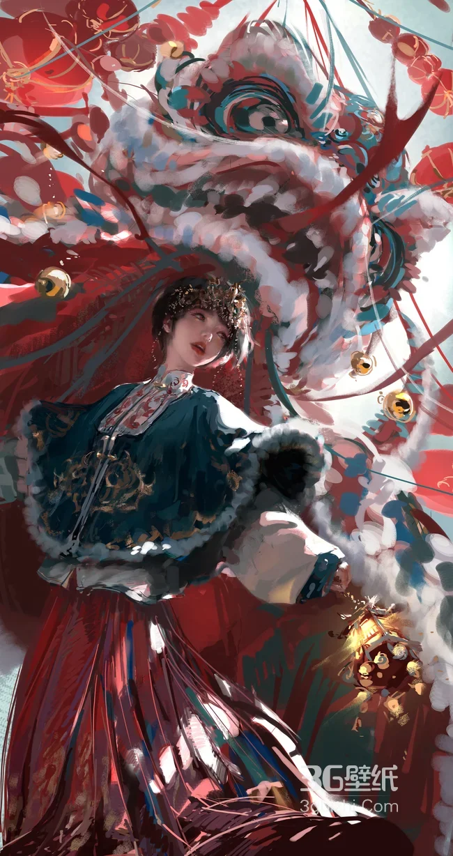 古风女子·醒狮相伴 国漫国风节日国潮手机壁纸1