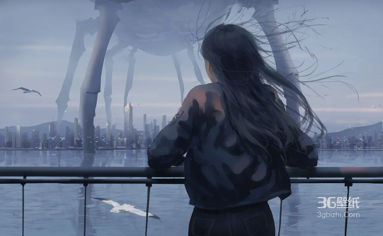 长发女子眺望巨型机械都市水景·科幻风插画 高质感电脑壁纸1
