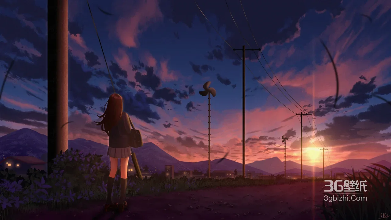 JK少女持伞望日落 唯美二次元 日系乡野黄昏壁纸1