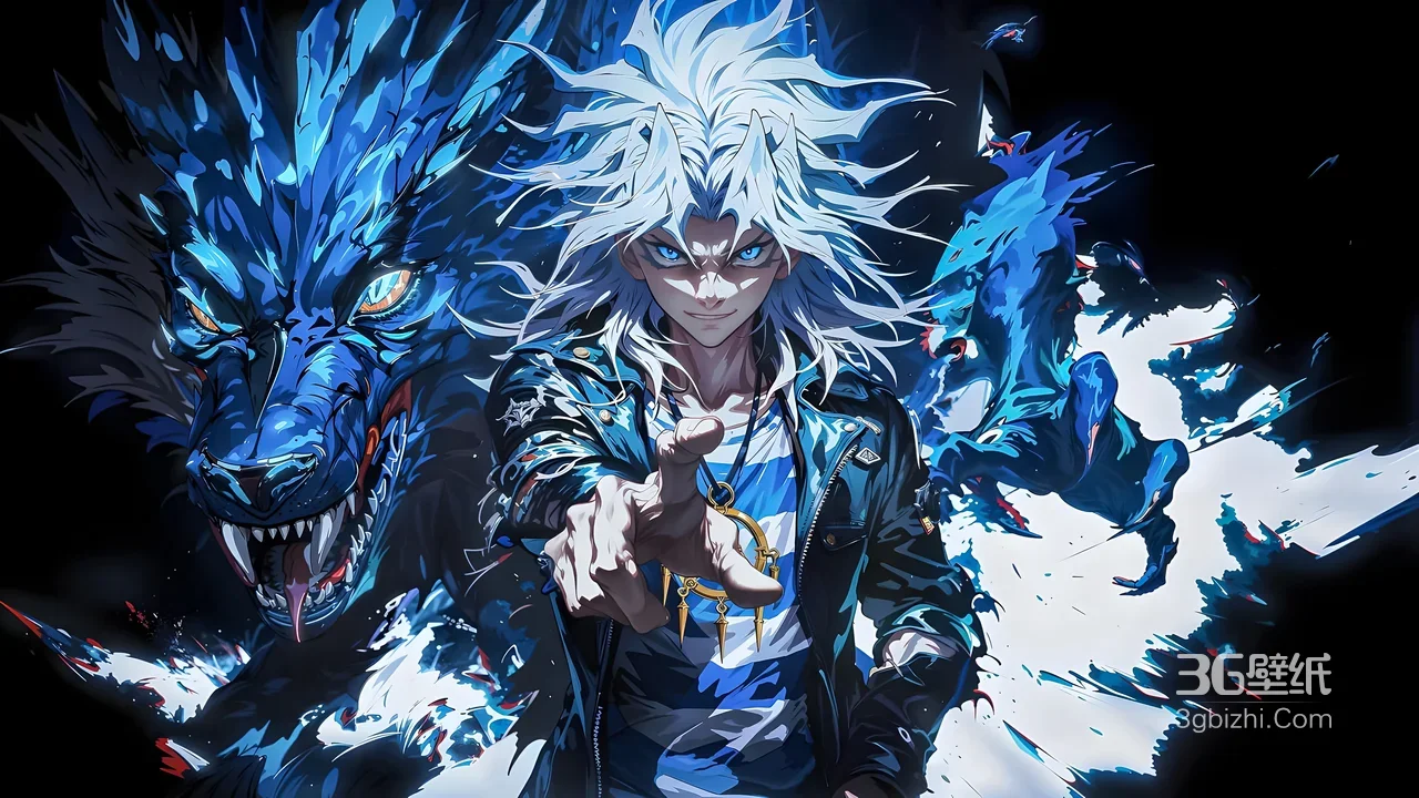 银发狂气少年·蓝焰巨狼 暗黑动漫风电脑壁纸1