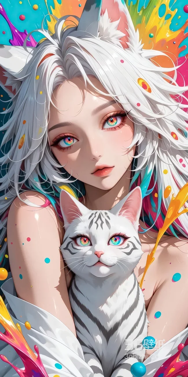 猫耳少女&彩瞳猫咪·二次元炫彩风 高人气手机壁纸1