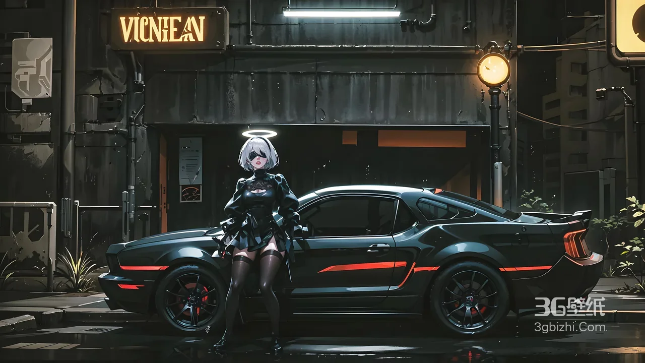 2B·光环黑装墨镜 赛博朋克暗黑 福特野马雨夜都市壁纸1