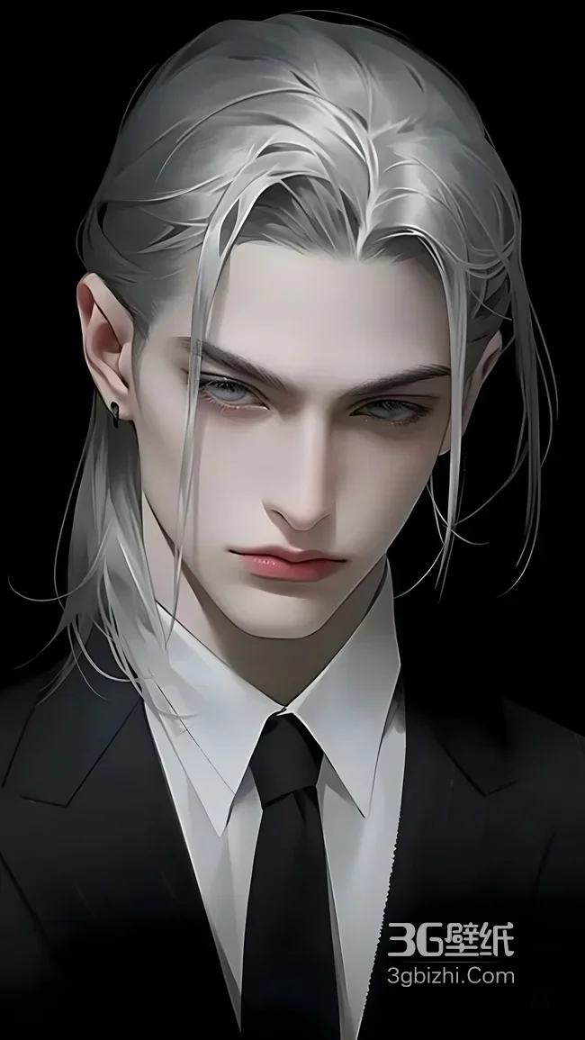 银发冷峻帅哥·暗黑写实插画 西装造型手机壁纸高质感1