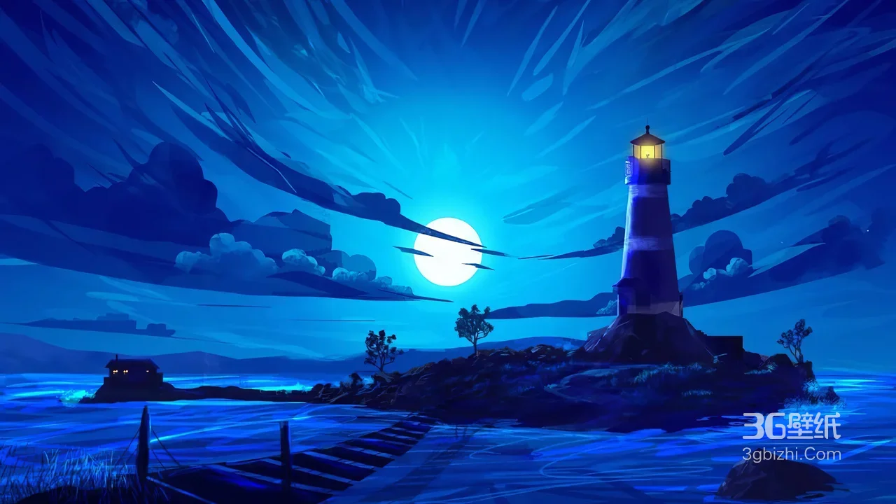 月夜灯塔海岛·唯美插画风电脑桌面背景1