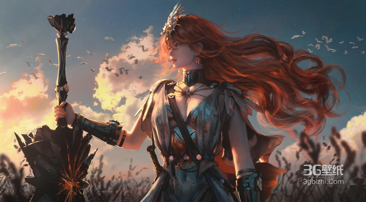红发女战士·铠甲持杖 写实唯美风游戏插画 宽屏壁纸精选1