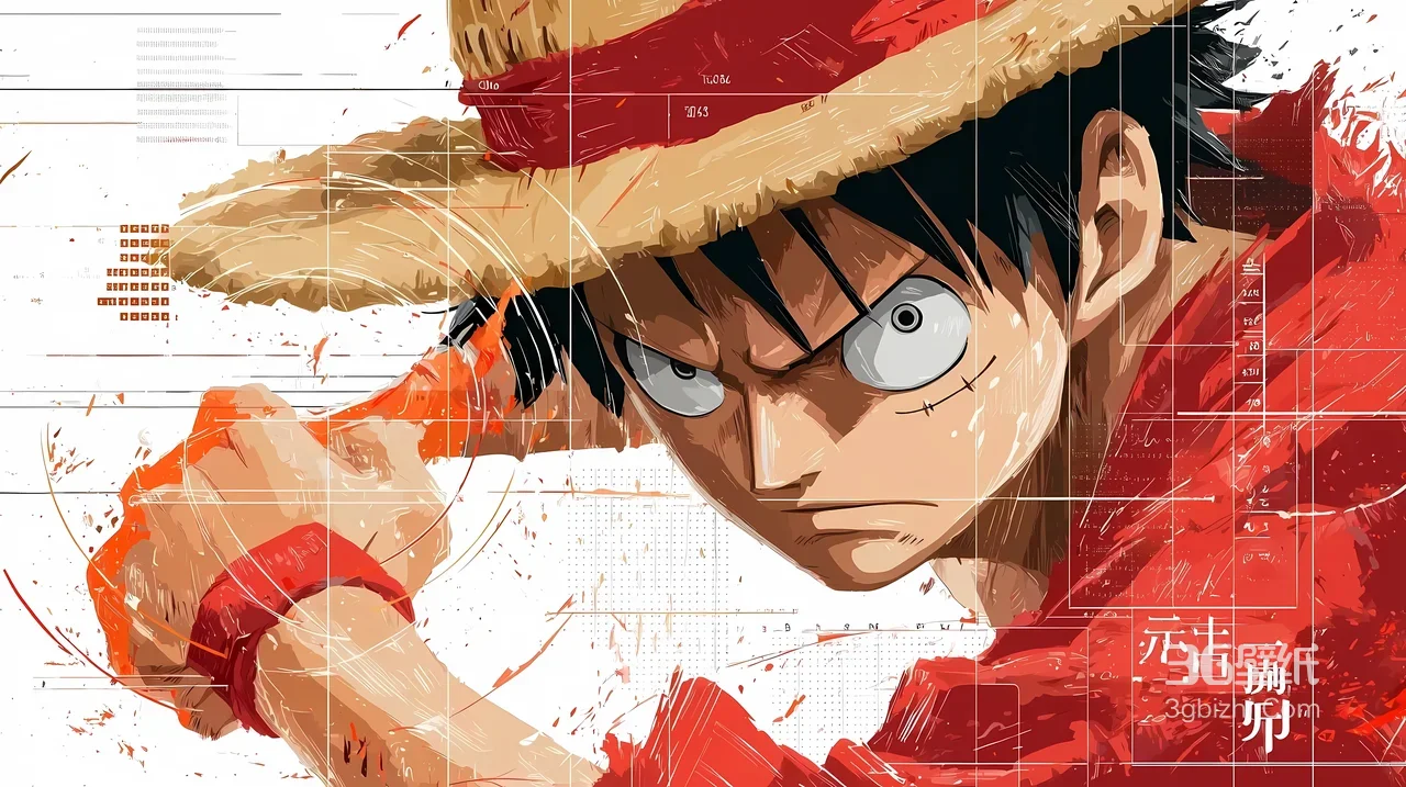 路飞·草帽战斗态 泼墨二次元《海贼王》动漫电脑壁纸1