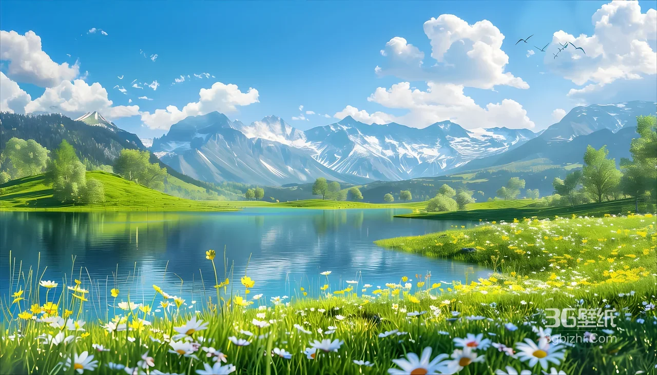 湖光花海雪山蓝天·唯美宽屏自然风景电脑壁纸1