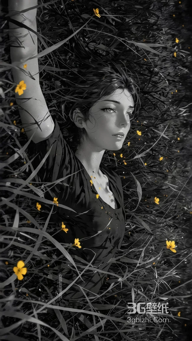 草丛黄花中的女孩·暗黑唯美插画风 小众艺术感手机壁纸1