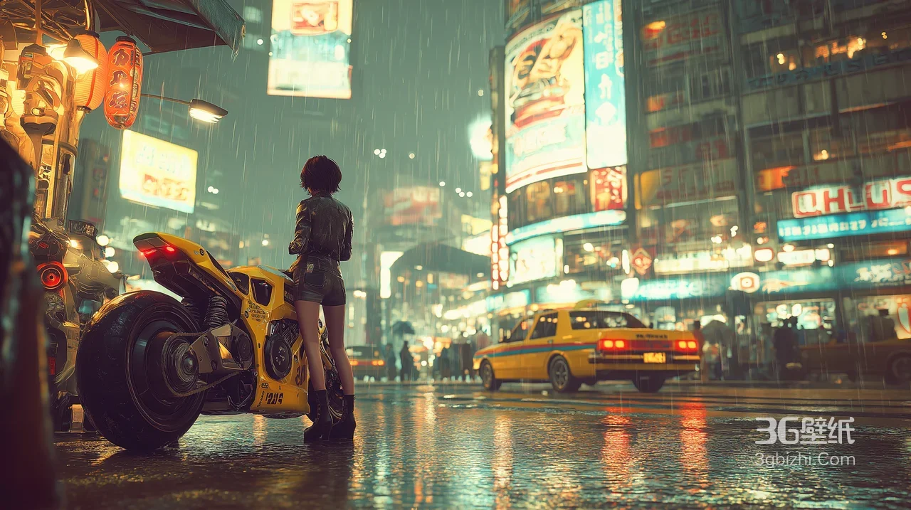 赛博朋克雨夜都市·皮衣女子与黄机车 赛博朋克电脑壁纸1