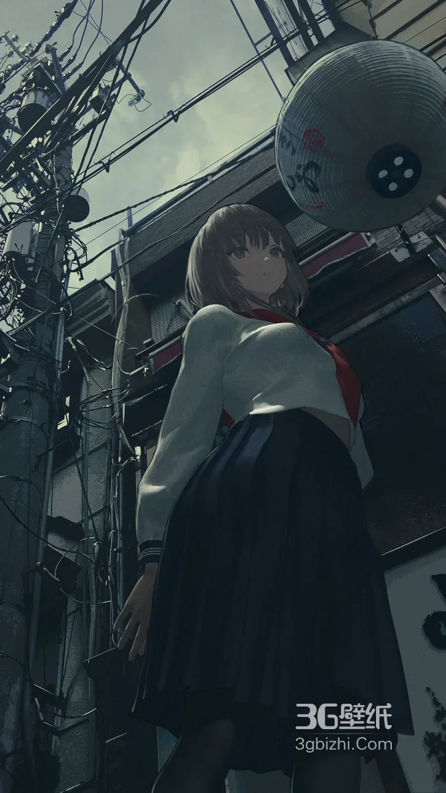 暗黑写实风JK少女·日式街巷动漫插画手机壁纸1
