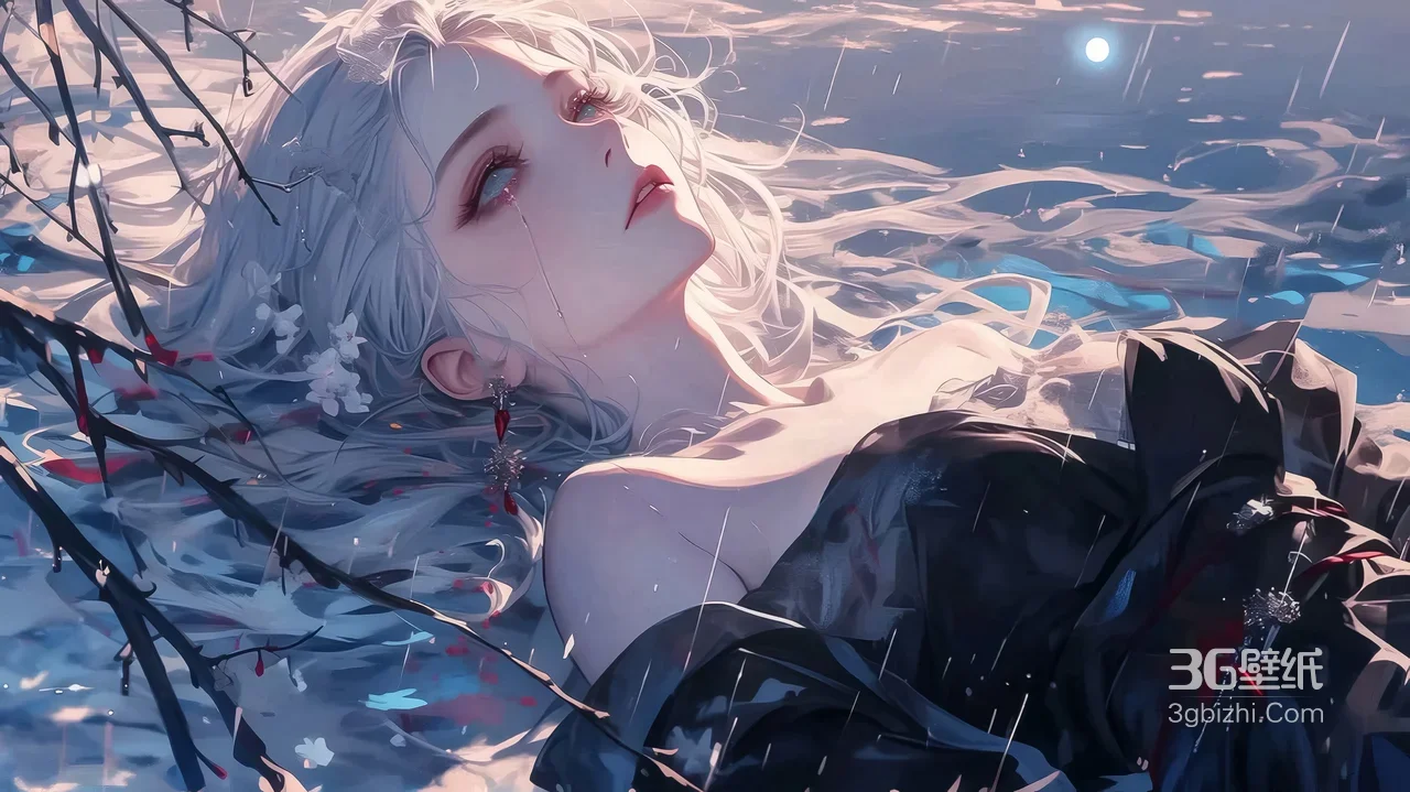 银发泪眸少女·唯美二次元 雨夜水境氛围感电脑壁纸1