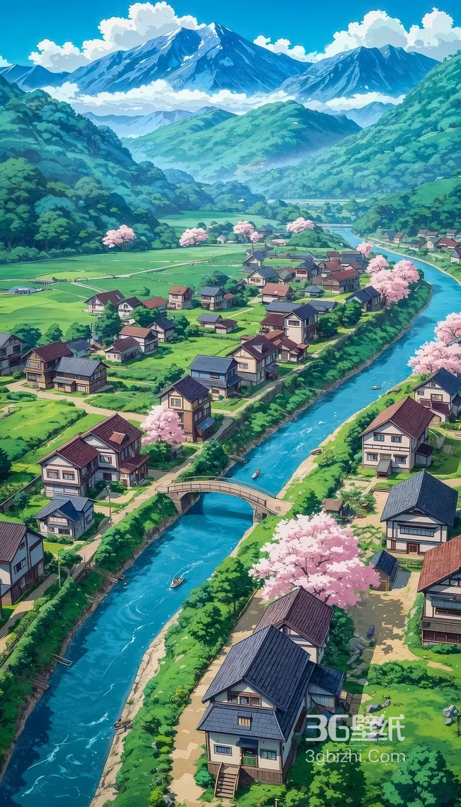 日系乡村樱花河流·动漫风治愈 春日田园手机壁纸1