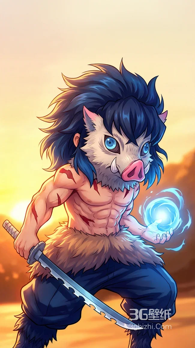 嘴平伊之助·兽头武士刀 日系动漫风鬼灭之刃热血壁纸1